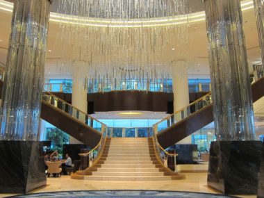 hotel entrance with chandelier