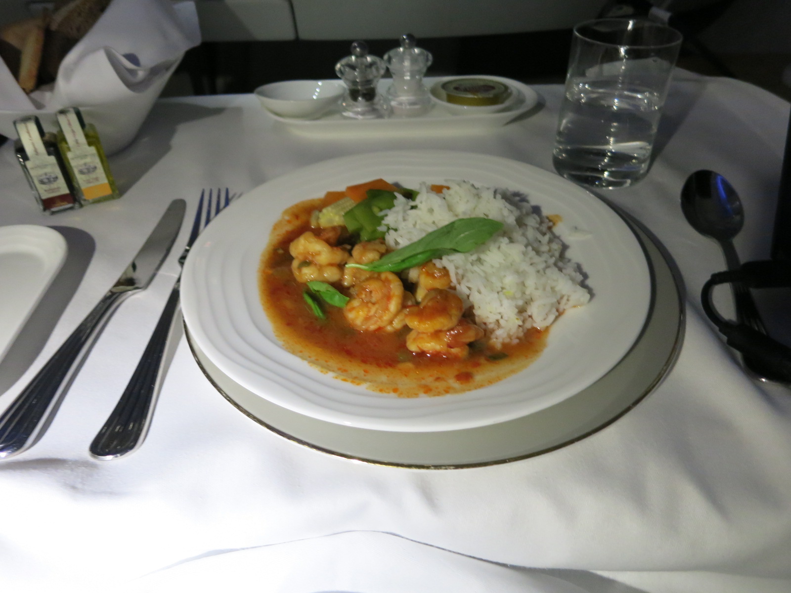 Emirates first class a380 Dubai Bangkok dinner service curry