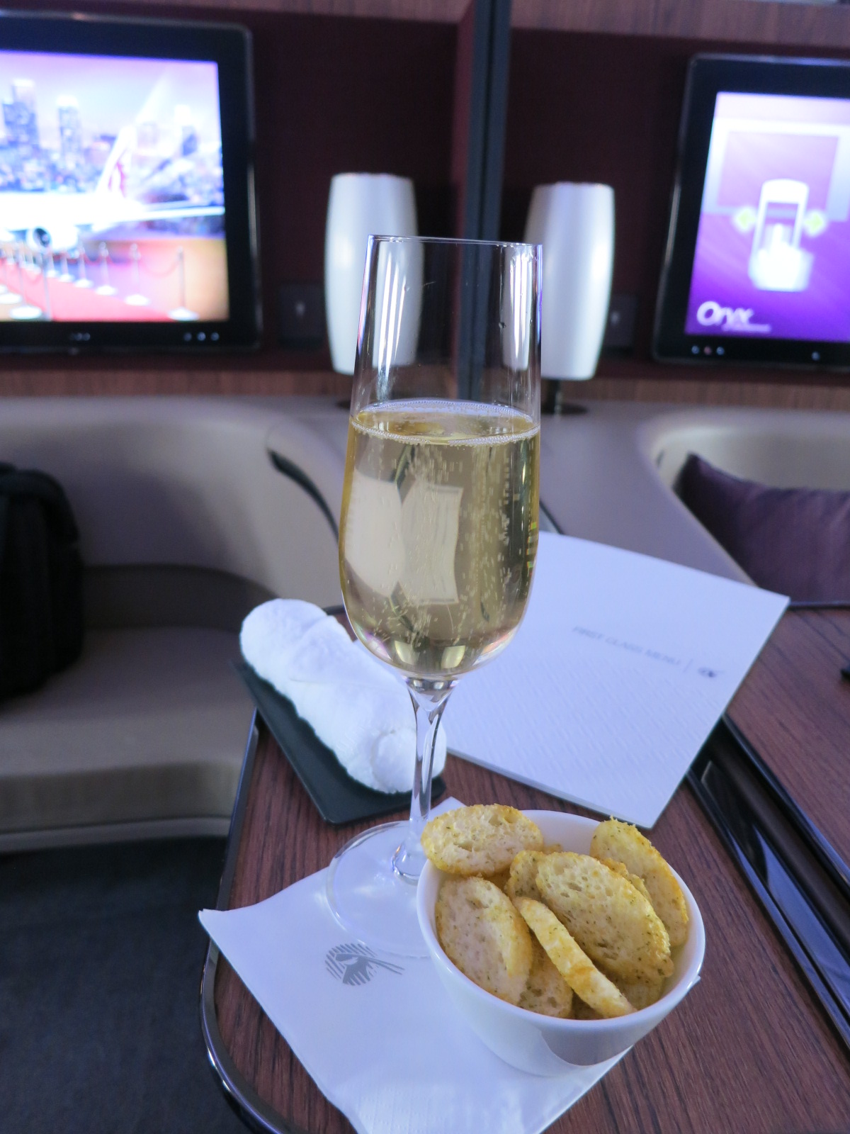 Qatar Airways A380 first class champagne Bangkok-Doha 