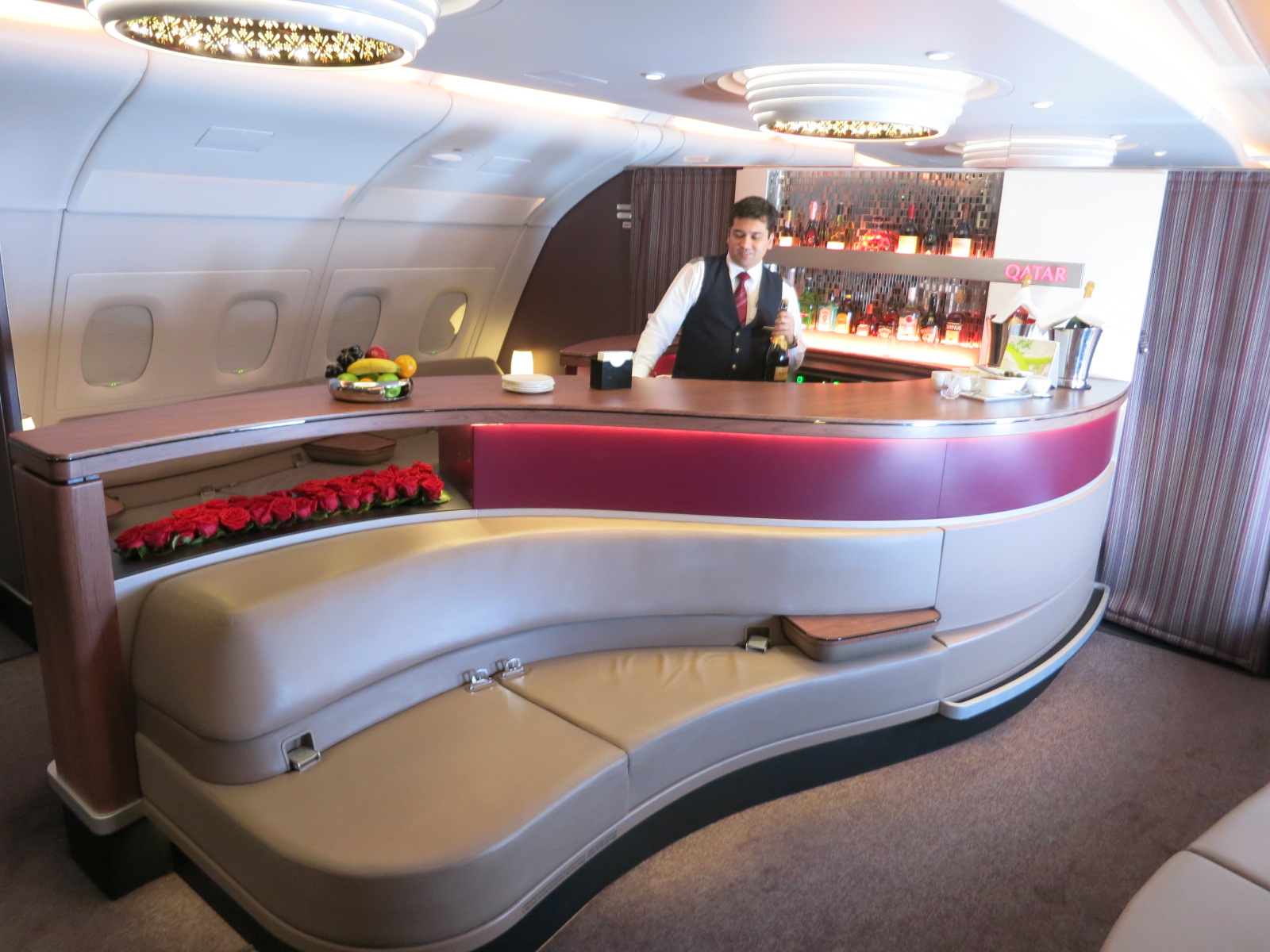 Qatar Airways A380 first class bar Bangkok-Doha