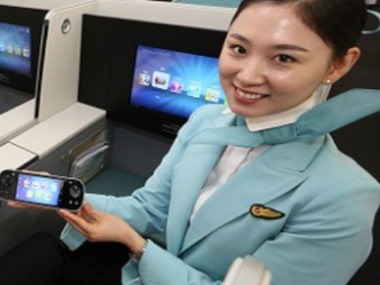 flight attendant showing phone