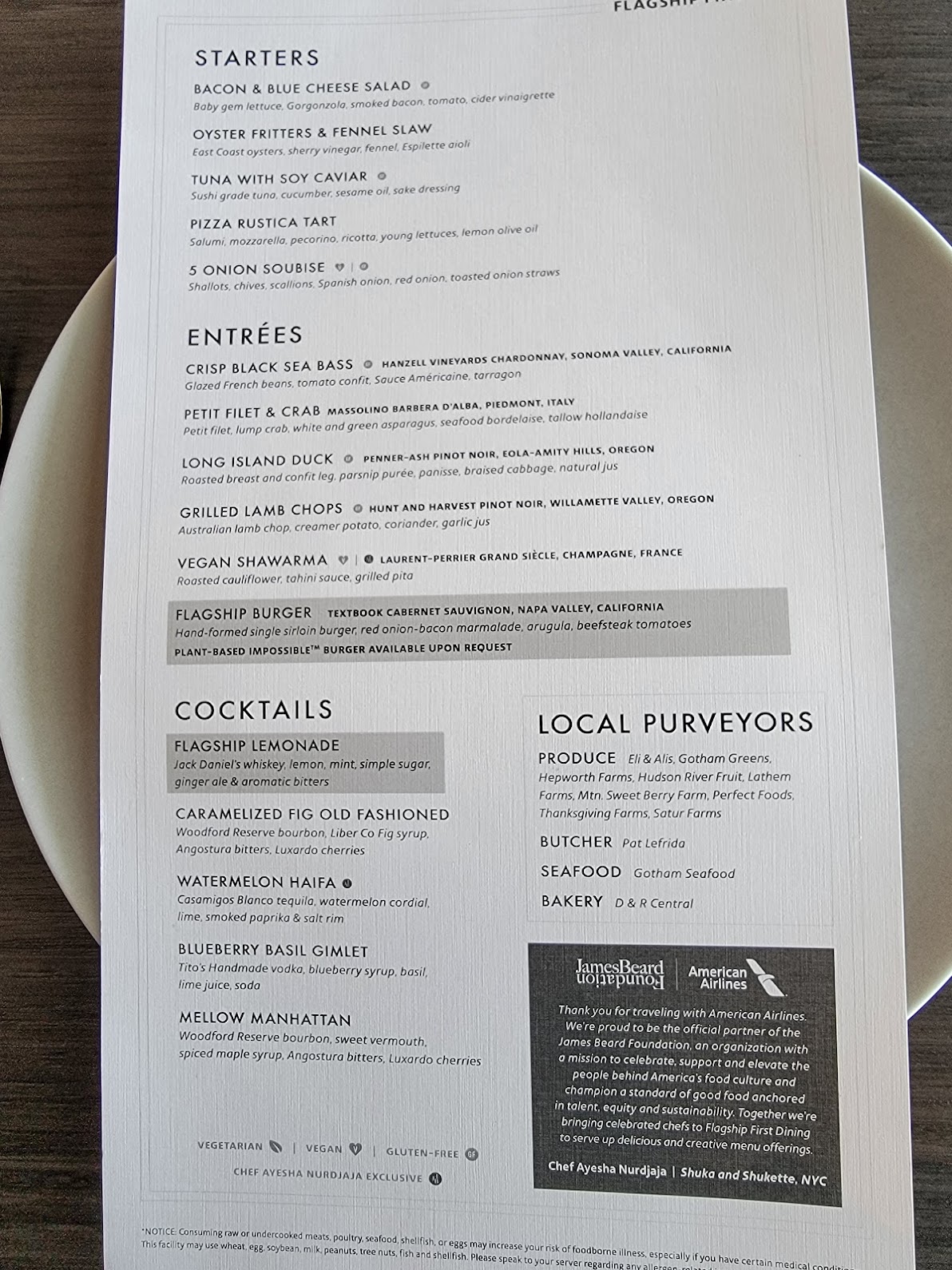 american airlines flagship first dining jfk menu