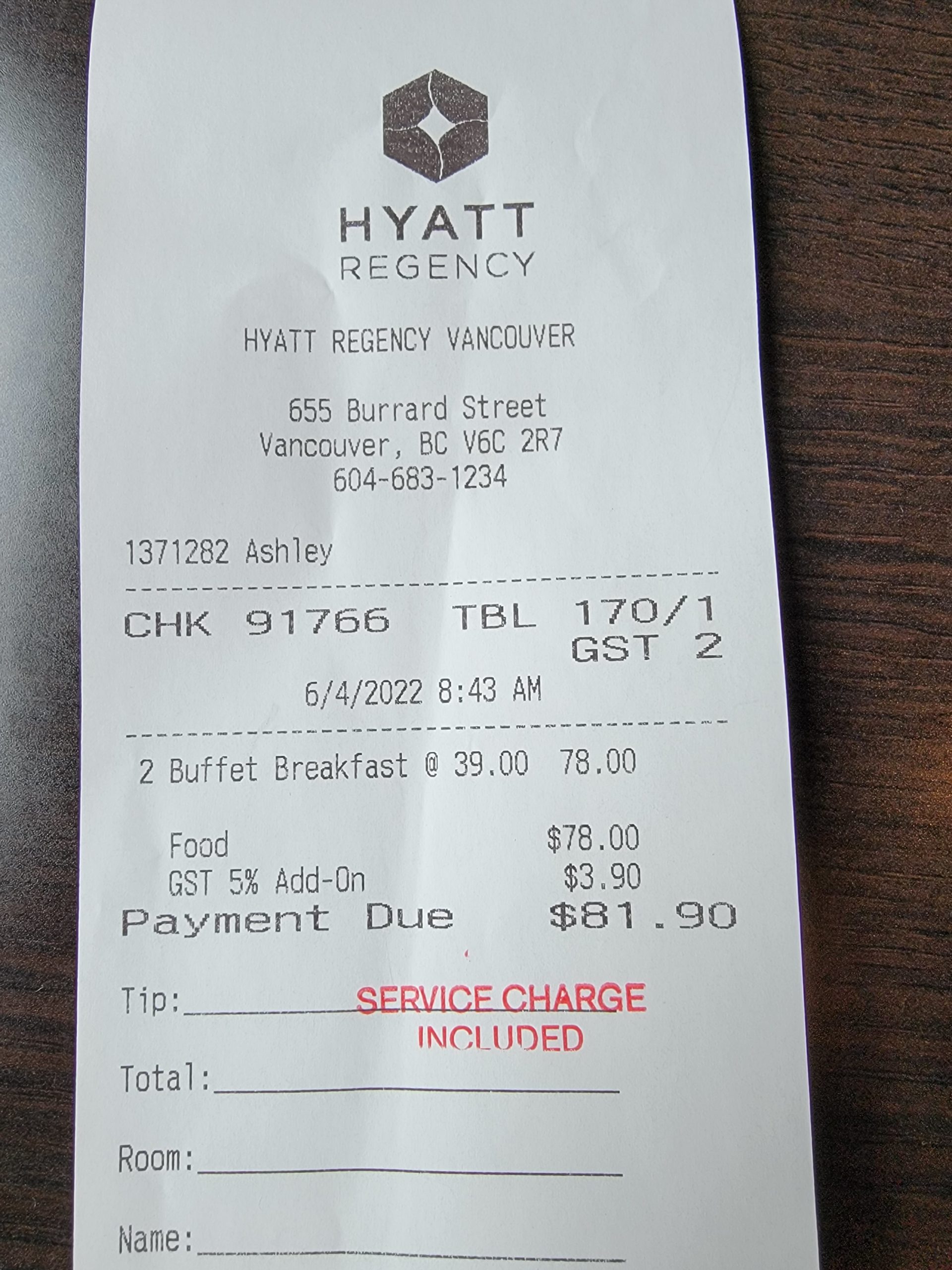 hyattt regency vancouver review breakfast bill