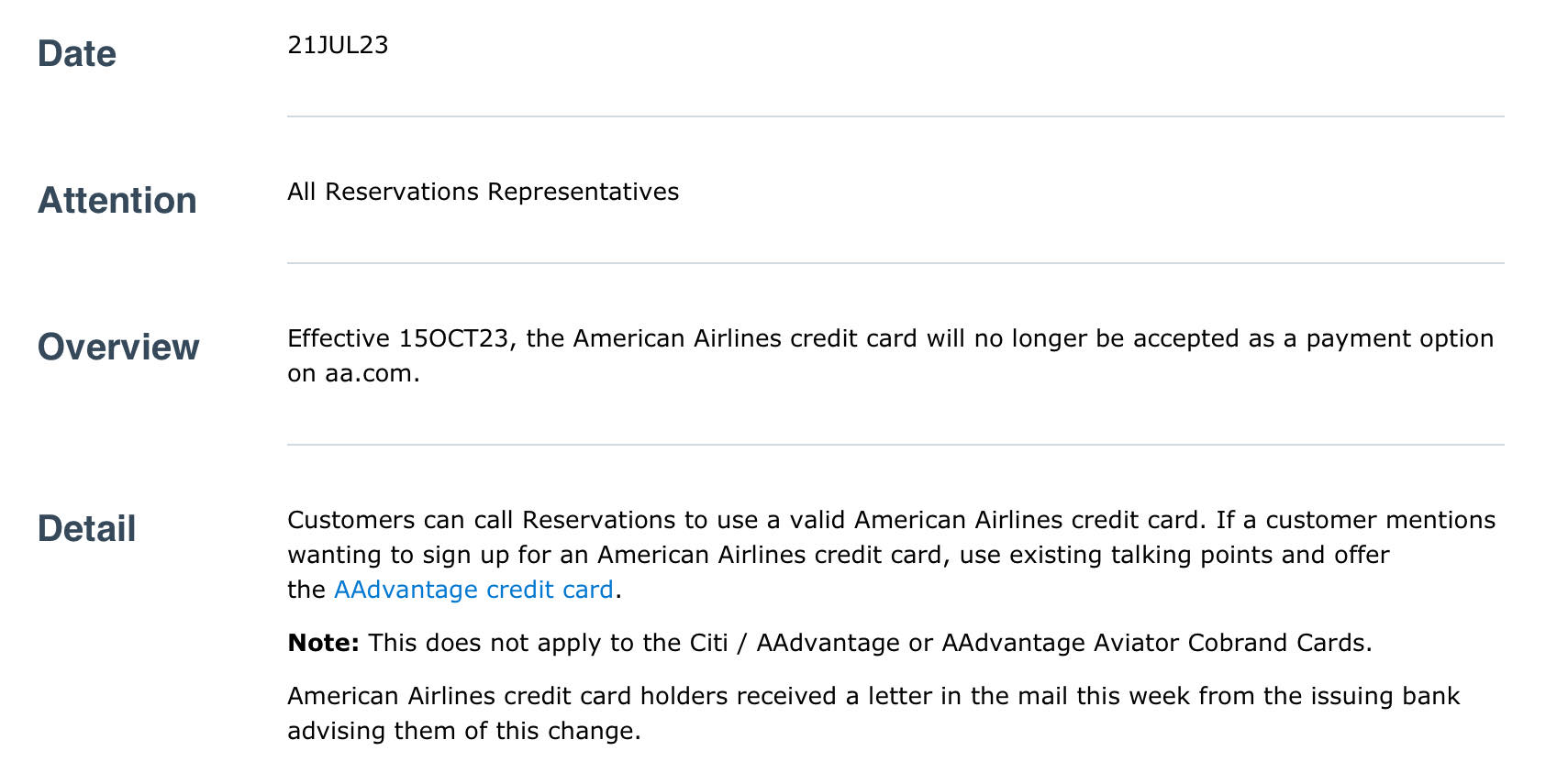 American Airlines ya no acepta «Tarjeta de crédito de American Airlines» para pagos en línea