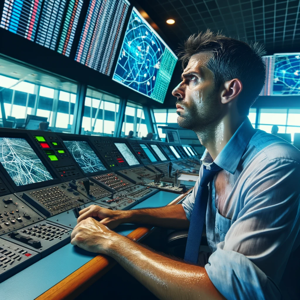 DALL%C2%B7E 2024 01 24 12.35.35 A wider view of an overworked air traffic controller in a control tower captured from a side angle. The controller is visibly stressed with sweat on