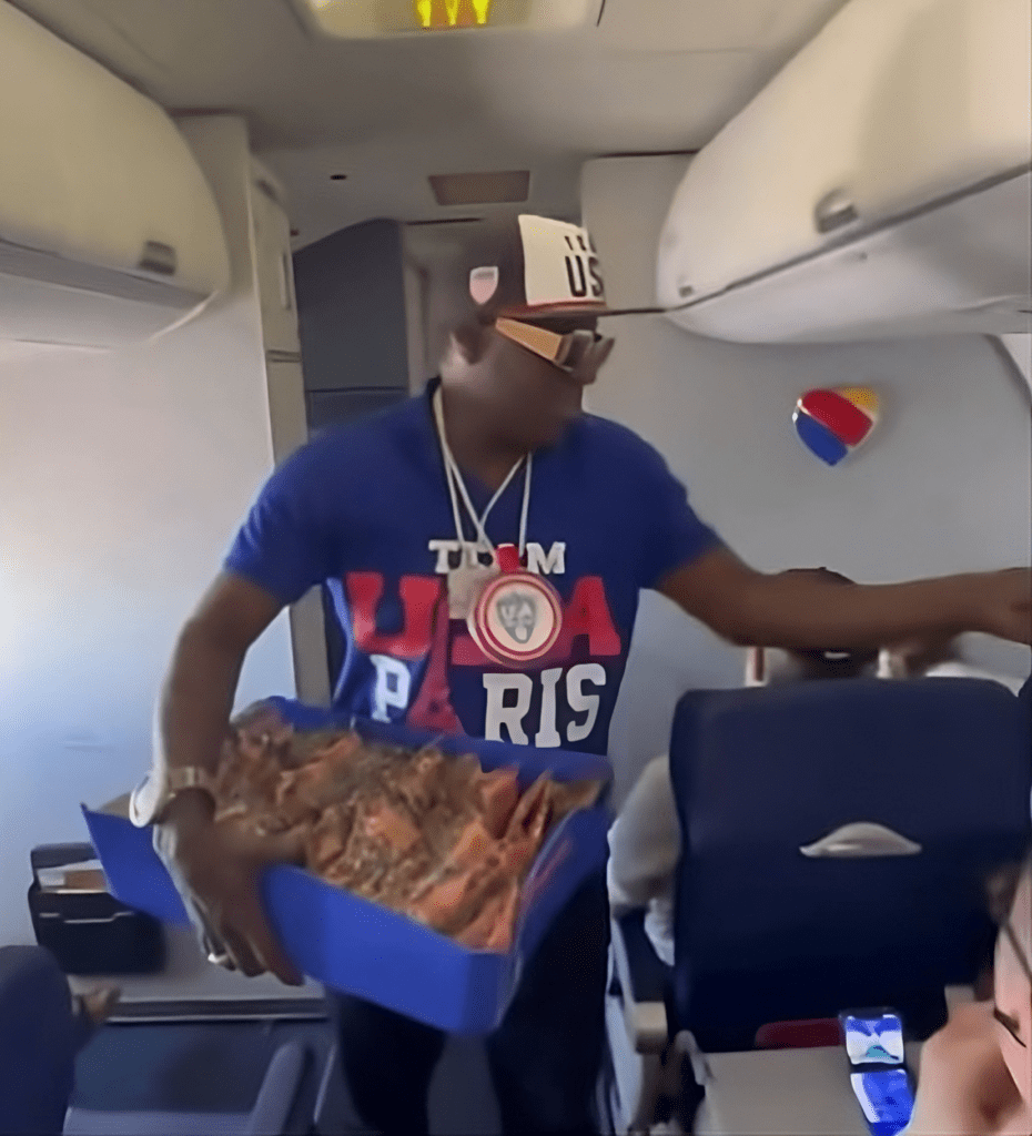 Flavor Flav dresses up as a Southwest flight attendant – passengers get snacks and are excited about every bite