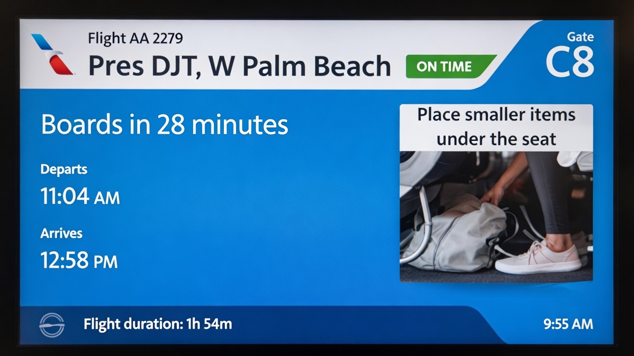viewfromthewing.com - Gary Leff - American Airlines Breaks Its Gate-Screen Pattern For Trump: West Palm Beach Now Appears As 'Pres DJT'