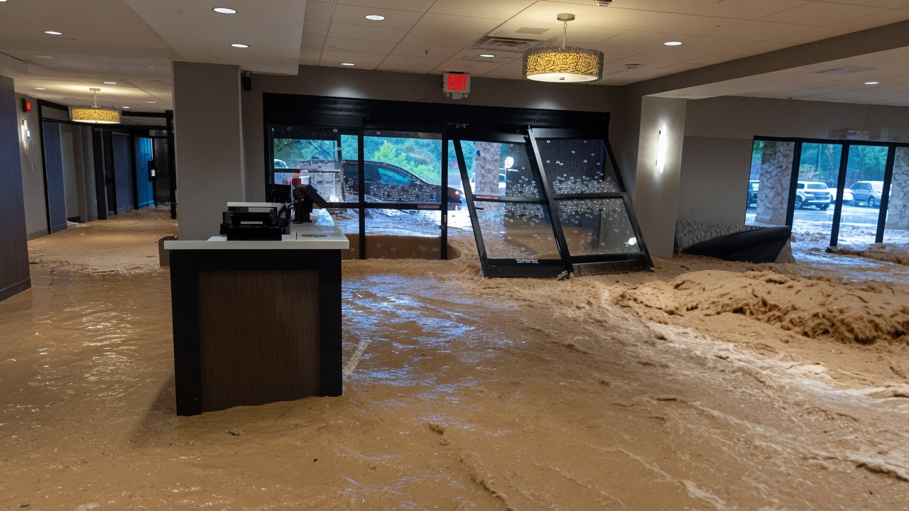 TravelWireDaily — Hilton Hampton Inn Lobby Underwater, Guest Cars Swept Across The Parking Lot